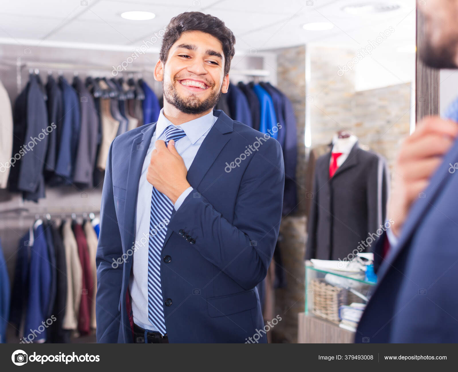 Male Trying Tie Front Mirror Men Shop — Stock Photo © Jim_Filim #379493008