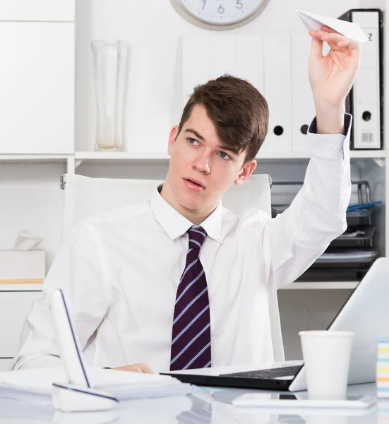 Portrait Male Playing Paper Fly — Stock Photo, Image