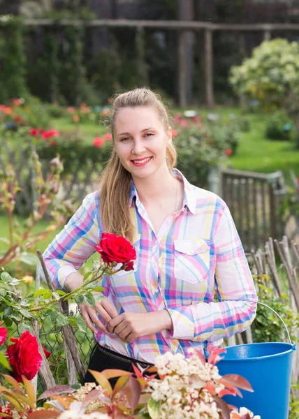 Jovem Mulher Positiva Segurando Uma Cesta Parque Rosas — Fotografia de Stock