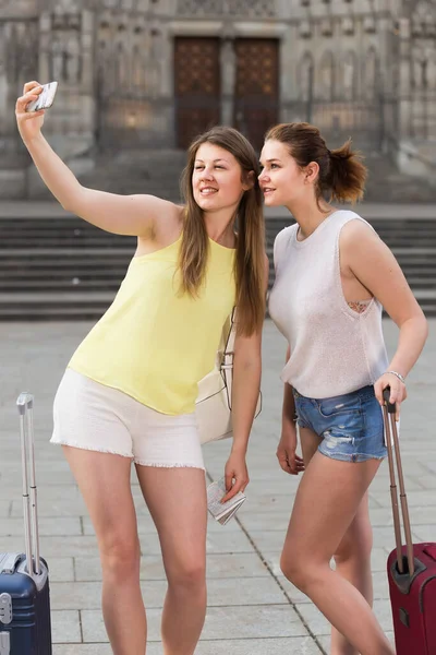 Positive Belgian Tourists Walking Town Taking Selfie Phone — Stock Photo, Image