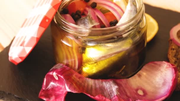 Anchovies of home salt pickling in marinade — Stockvideo