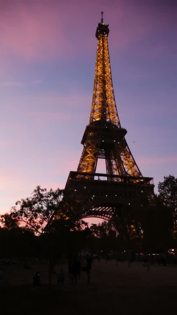 Νυχτερινή άποψη του φωτισμένου Πύργου του Άιφελ στο Champ de Mars στο Παρίσι, Γαλλία — Αρχείο Βίντεο