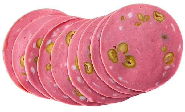 Fatias de Mortadella com azeitonas isoladas — Fotografia de Stock