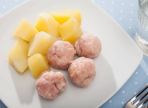 Diet food, tasty steamed meatballs with potatoes at plate — Stock Photo, Image