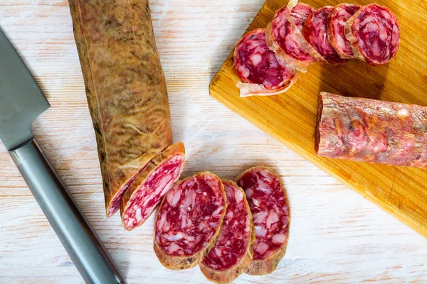 Spanish dried pork sausage Salchichon — Stock Photo, Image