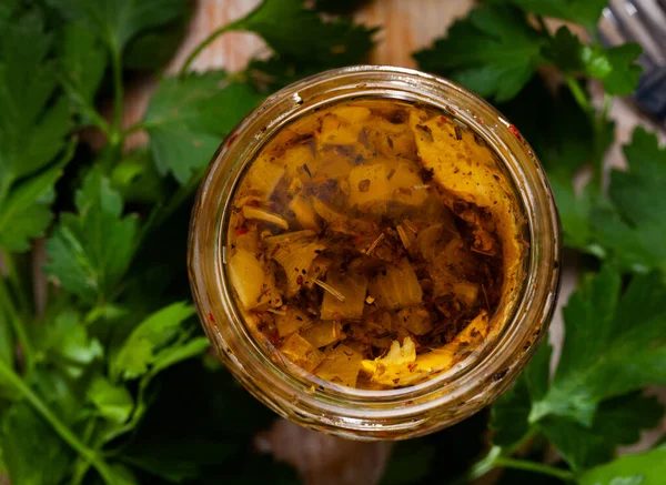 Herring preserves in glass jar — Stock Photo, Image