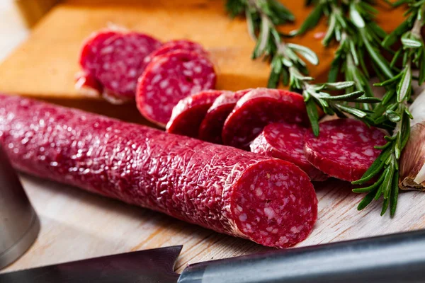 Sliced dry cured sausage Fuet Nobleza — Stock Photo, Image