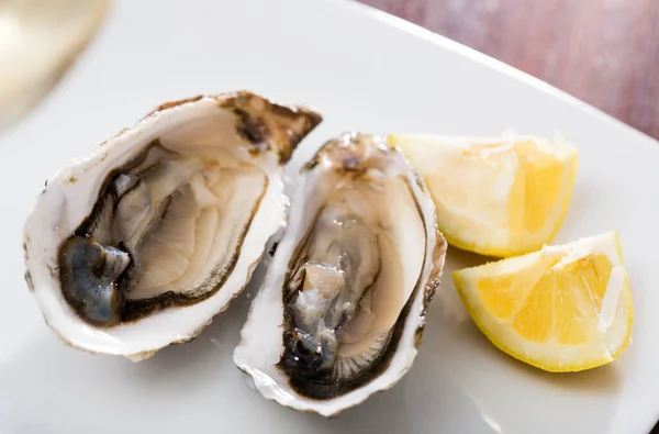 Gourmet rå ostron på vit platta med skivad citron — Stockfoto