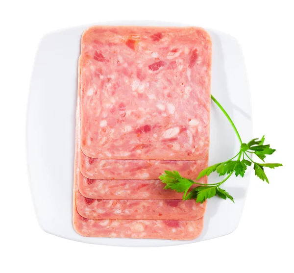 Cortar presunto picado de carne de porco, sem pessoas — Fotografia de Stock