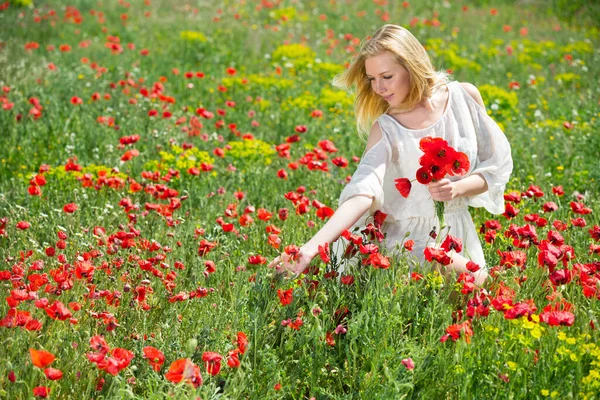 Nette Frau in weißem Kleid pflückt Mohnblumen auf Feldern — Stockfoto