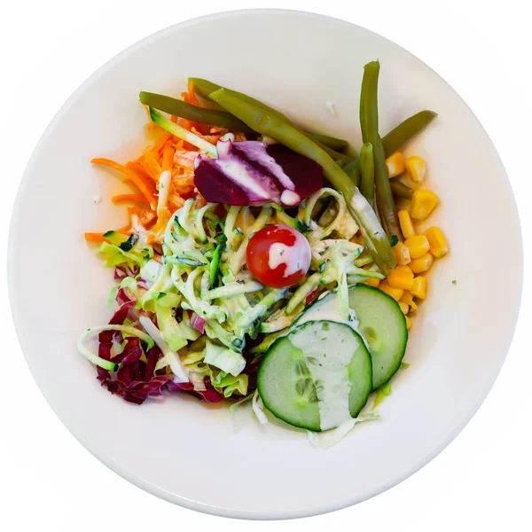 Salad of corn, cucumbers, cabbage and boiled bean with carrot — Stock Photo, Image