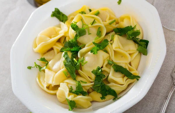 Plate of freshly boiled ravioli — Stock Photo, Image