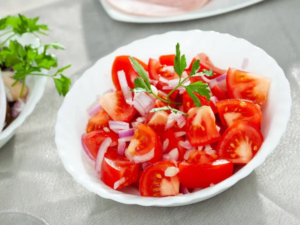Salada fresca com tomate e cebola picada — Fotografia de Stock