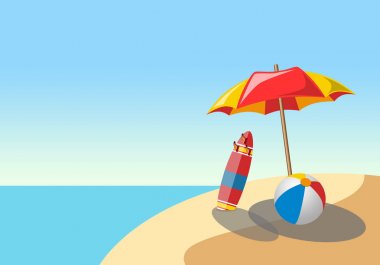 Şemsiye bir sörf tahtası ve sahil ve iyi bir dinlenme kum üzerinde bir top