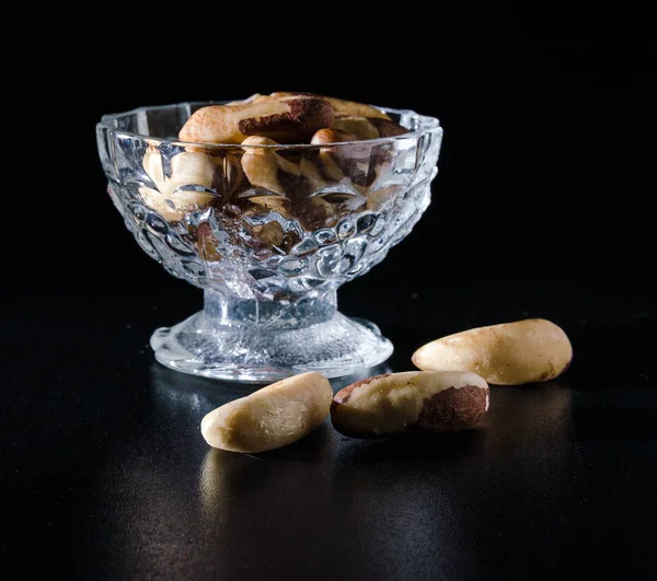 Seeds Brazil Nuts Glass Bowl Darck — Stock Photo, Image