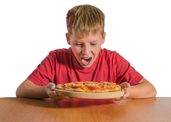 Teenager Holding Pizza His Hand Wooden Board — Stock Photo, Image