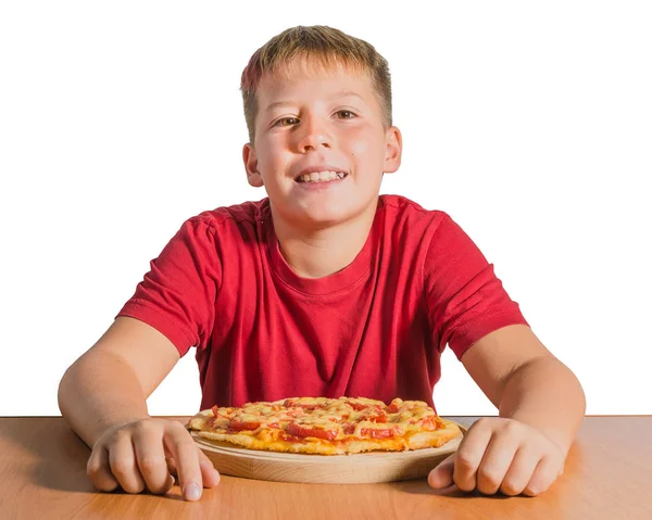 Vrolijke Tiener Pizza Zijn Hand Een Houten Plank — Stockfoto