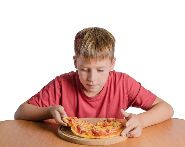 Jonge Tiener Pizza Eten Witte Achtergrond — Stockfoto