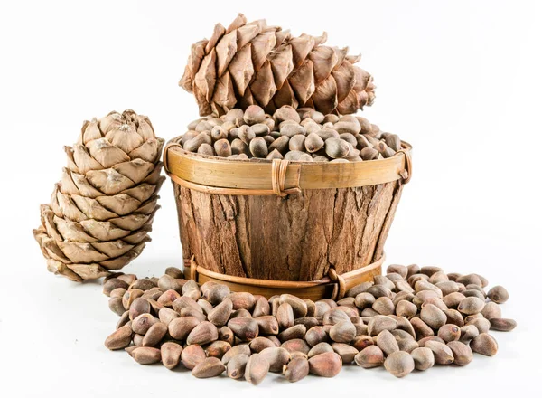 Heap Pine Nut Wooden Basket White Background — Stock Photo, Image