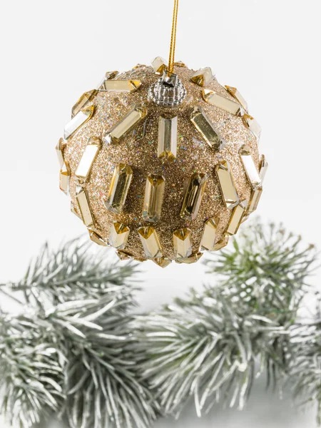 Christmas Golden Ball Och Tall Gren Vit Bakgrund — Stockfoto