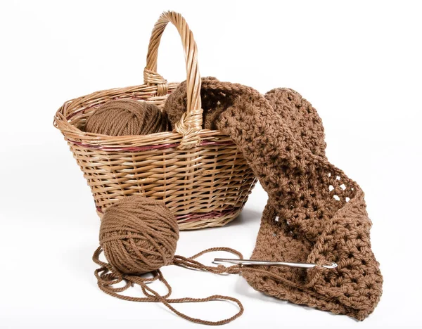 Yarn Knitted Fabric Wicker Basket White Background — Stock Photo, Image