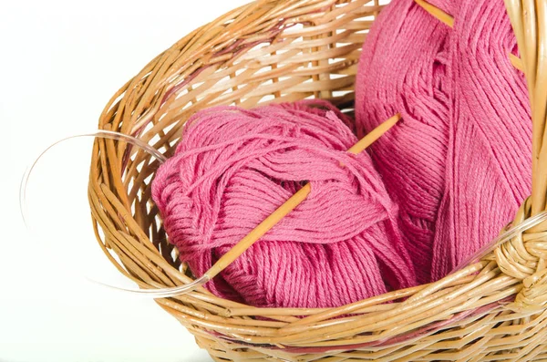 Skeins Pink Yarn Bamboo Knitting Needles Wicker Basket — Stock Photo, Image