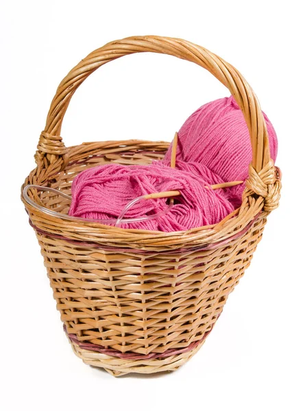 Pink Yarn Wicker Basket White Background — Stock Photo, Image