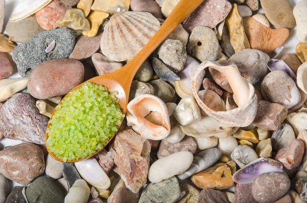 海の小石とシェルで木のスプーンで塩します — ストック写真