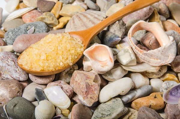 Salt Wooden Spoon Sea Pebbles Shell — Stock Photo, Image