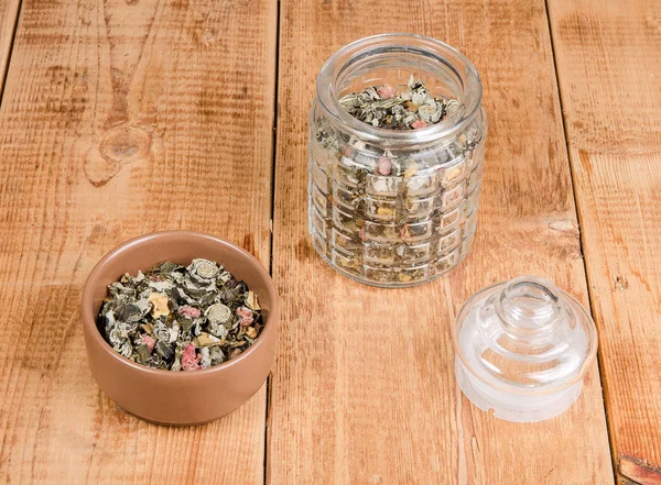 Dry Tea Various Herbs Small Jar Wooden Table — Stock Photo, Image