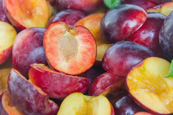 Metà di frutti di prugna maturi — Foto Stock