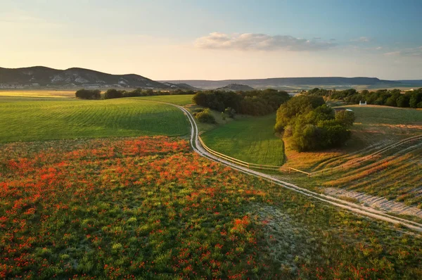 Aerial Fields Meadow Mountain Beautiful Country Area Nature Landscape — Stock Photo, Image