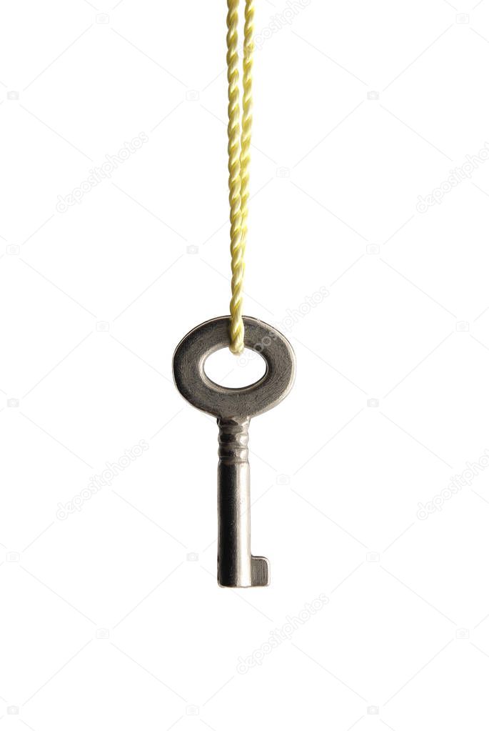 Small key hanging on a rope. Isolated object design.