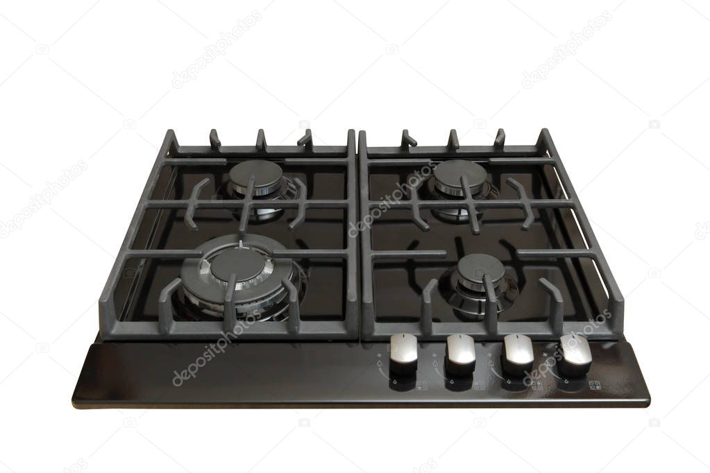 Burners on a black gas cooker in the kitchen. Isolated on white background.