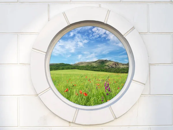 Oude Witte Antieke Ronde Venster Muur Van Stenen Ontwerp Element — Stockfoto