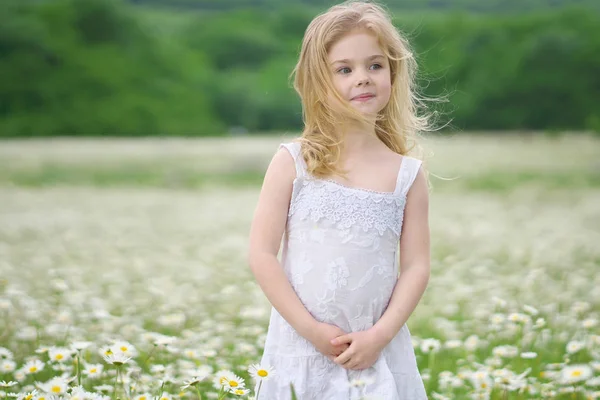 Linda niña en gran camomila prado — Foto de Stock