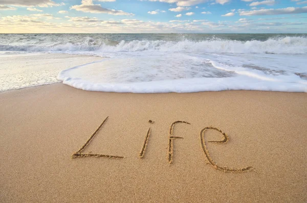 Palavra de vida na areia do mar . — Fotografia de Stock