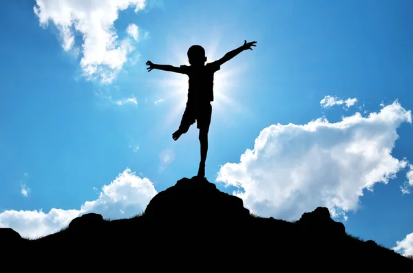 Felice Silhouette Ragazzo Godere Della Natura Allarga Braccia Sole Cielo — Foto Stock