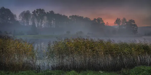 Východ Slunce Nad Tichý Rybník Chladné Ráno Října Mlha — Stock fotografie