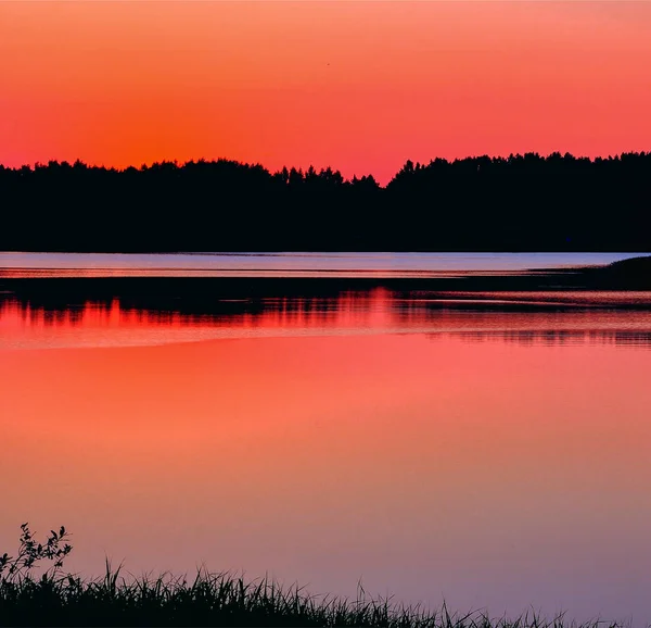 Lago Tranquilo Noite Verão Pôr Sol Lituânia Paisagem — Fotografia de Stock