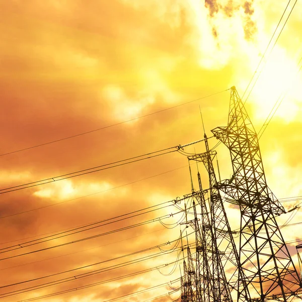 Linhas de eletricidade transfere uma paisagem da tarde — Fotografia de Stock