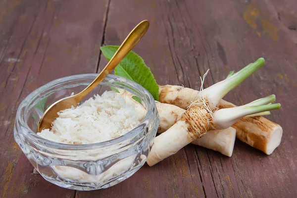 Horseradish Grated Glass Dish Roots Wooden Table Close — Stock Photo, Image