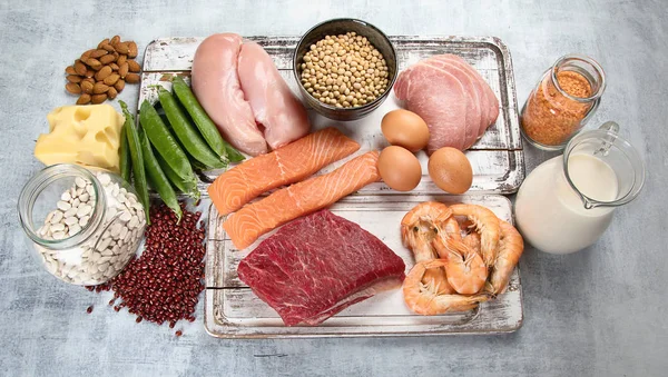 Élelmiszerek Magas Fehérje Egészséges Táplálkozás Diéta Fogalma — Stock Fotó