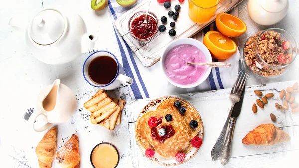Здоровий Смачний Сніданок Кухонному Столі Вид Зверху — стокове фото