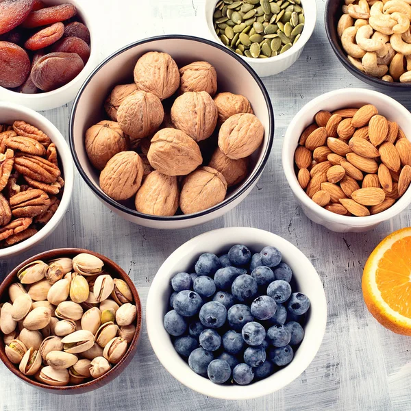 Healthy Snacks Top View Bowls Table Healthy Food Concept — Stock Photo, Image