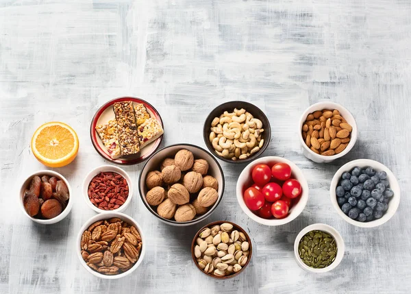 Healthy Snacks Top View Bowls Table Healthy Food Concept — Stock Photo, Image