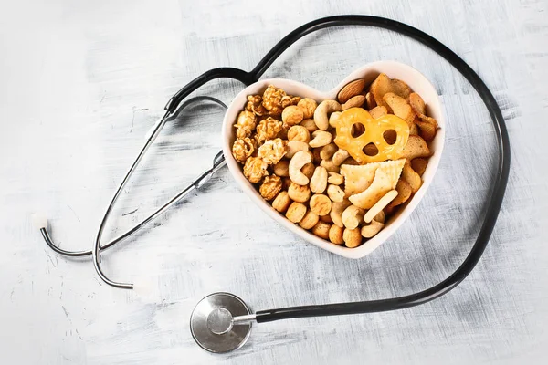 Snacks Schüsseln Konzept Ungesunder Ernährung Ansicht Von Oben — Stockfoto