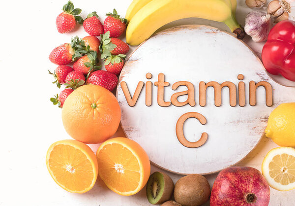 Vitamin C Rich Foods. Top view. Healthty eating concept