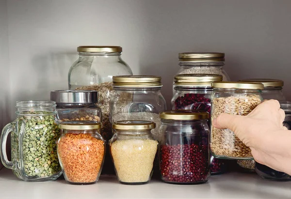 Collection Grain Products Storage Jars Pantry — Stock Photo, Image