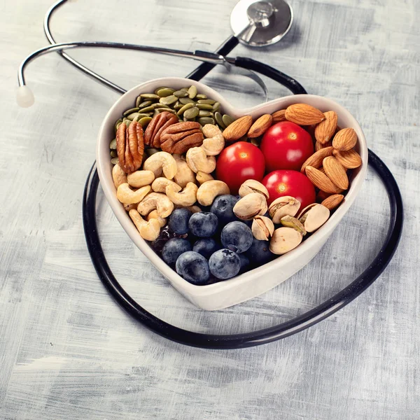 Healthy Snack Heart Shaped Bowl Top View — Stock Photo, Image